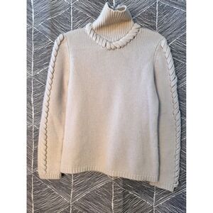TSE 100% Cashmere Braided Trim Turtleneck Sweater Cream Beige Womens S